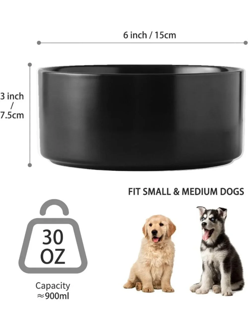 6'' Non-Slip Ceramic Dog Bowl - 30oz Heavy Duty Pet Dish for Small/Medium Dogs